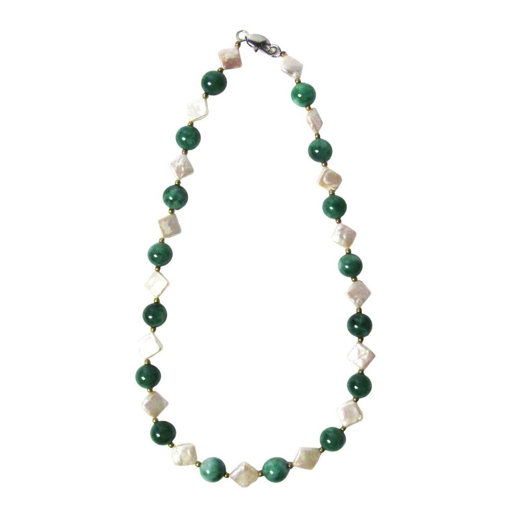 Tigerstars Handcrafted Geometric Fresh Water Pearl Emerald Green Jade Necklace